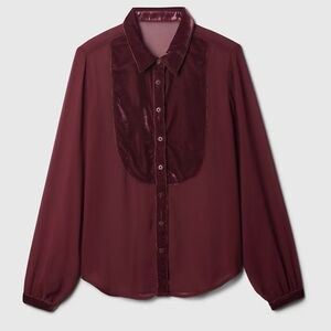 Gap Chic Burgundy Velvet Panel Blouse Classic Bib Shirt